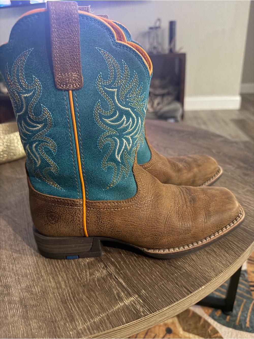 Ariat Brown Leather & Teal Suede Kids Western Boots with Orange Trim